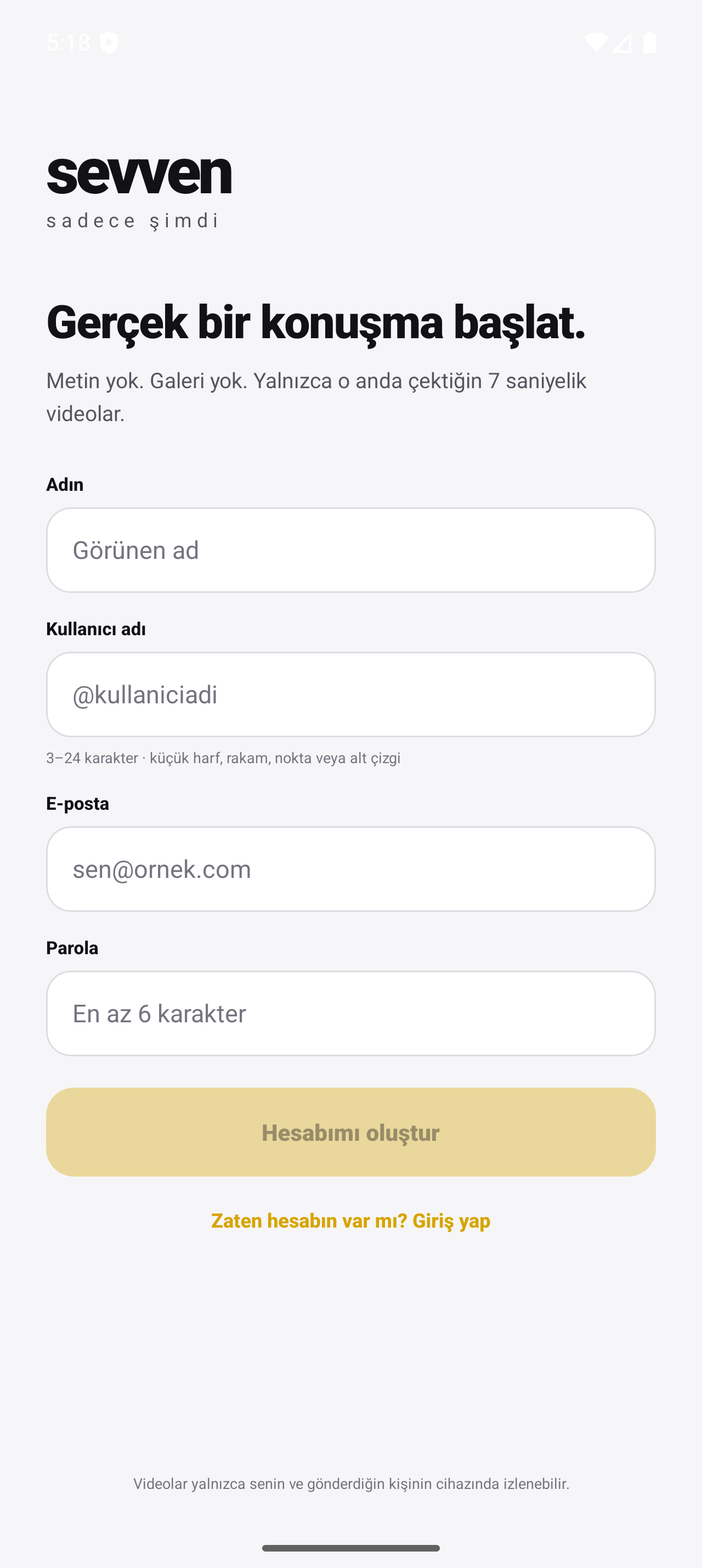 Sevven hesap oluşturma ekranı